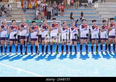 Terrassa, Spanien. Juni 2024. Das Team Korea tritt beim FIH Hockey Women's Nations Cup Spanien 2023-24 gegen Korea bei Estadio marti colomer auf. Spanien Beat Korea 3-1 (Foto: Pablo Dondero/SOPA Images/SIPA USA) Credit: SIPA USA/Alamy Live News Stockfoto