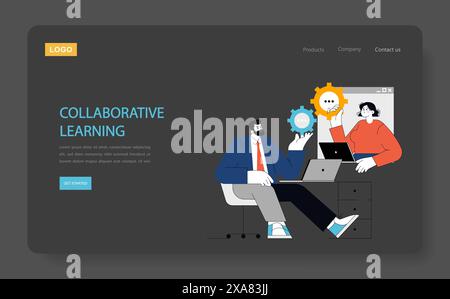 Soft Skills Training Konzept. Zwei Fachleute, die sich mit kollaborativem Lernen durch technische Kommunikation beschäftigen. Interaktive Kompetenzentwicklung. Vektorabbildung. Stock Vektor