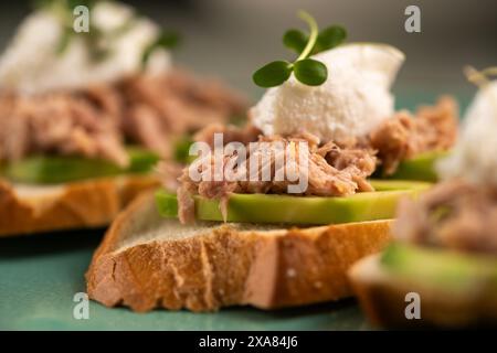 Toasts mit Thunfisch und Avocado in Dosen. Gesundes Essen und Diät Frühstück Stockfoto