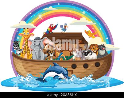 Verschiedene Tiere auf einem Boot unter einem Regenbogen Stock Vektor