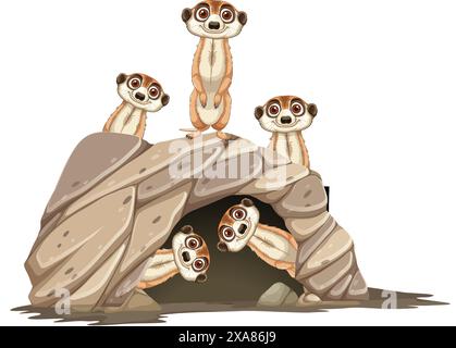 Eine Gruppe Erdmännchen, die von einem Felsen gucken Stock Vektor