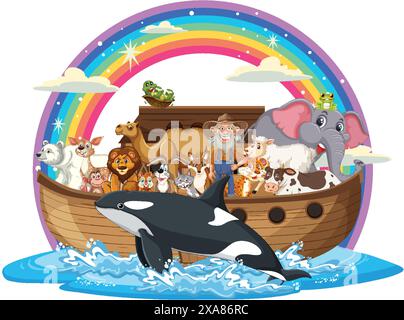 Tiere und Menschen auf dem Boot unter Regenbogen Stock Vektor