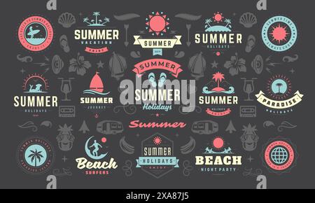 Im Sommer sind Etiketten und Abzeichen für Plakate, Grußkarten und Banner im Retro-Stil gehalten. Die Kollektion der Symbole für den Sommerurlaub und Design Elements. Stock Vektor