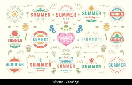 Im Sommer sind Etiketten und Abzeichen für Plakate, Grußkarten und Banner im Retro-Stil gehalten. Die Kollektion der Symbole für den Sommerurlaub und Design Elements. Stock Vektor