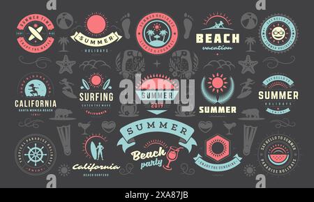 Etiketten und Abzeichen für Sommerferien sorgen für Retro-Typografie für Poster und T-Shirts. Sonnensymbole, Strandurlaub und tropische Insel mit Palmen e Stock Vektor