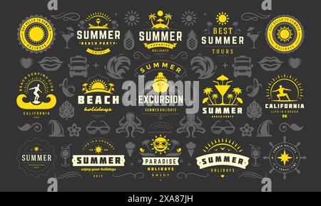 Im Sommer sind Etiketten und Abzeichen für Plakate, Grußkarten und Banner im Retro-Stil gehalten. Die Kollektion der Symbole für den Sommerurlaub und Design Elements. Stock Vektor