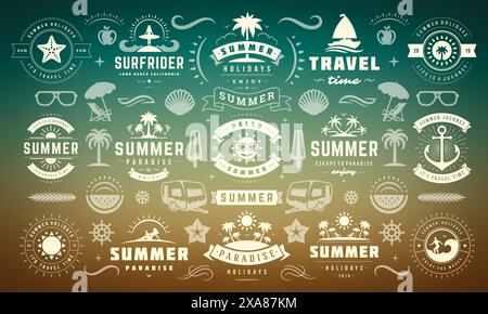 Im Sommer sind Etiketten und Abzeichen für Plakate, Grußkarten und Banner im Retro-Stil gehalten. Die Kollektion der Symbole für den Sommerurlaub und Design Elements. Stock Vektor