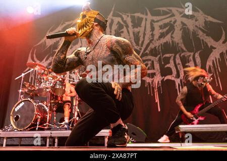 Oslo, Norwegen. Juni 2024. Die russische Deathcore-Band Slaughter to Supreme feiert ein Live-Konzert im Rockefeller in Oslo. Hier ist Sänger Aleksandr Shikolai live auf der Bühne zu sehen. (Foto: Gonzales Photo/Alamy Live News Stockfoto