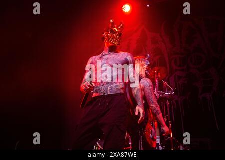 Oslo, Norwegen. Juni 2024. Die russische Deathcore-Band Slaughter to Supreme feiert ein Live-Konzert im Rockefeller in Oslo. Hier ist Sänger Aleksandr Shikolai live auf der Bühne zu sehen. (Foto: Gonzales Photo/Alamy Live News Stockfoto