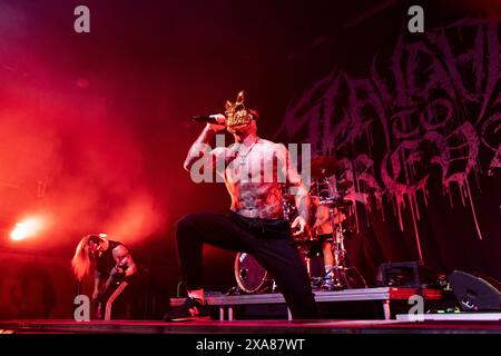 Oslo, Norwegen. Juni 2024. Die russische Deathcore-Band Slaughter to Supreme feiert ein Live-Konzert im Rockefeller in Oslo. Hier ist Sänger Aleksandr Shikolai live auf der Bühne zu sehen. (Foto: Gonzales Photo/Alamy Live News Stockfoto