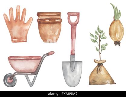 Aquarell Gartenwerkzeuge Illustration, Wagen, Handschuh, Blumentopf, Schaufel, Clipart-Set des Baums Stockfoto