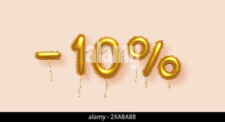 Rabatt auf kreative Kompositionen mit Gold 10 Prozent Rabatt. 3D Golden Sale Symbol mit dekorativen Ballonnummern, Minus- und Prozentzeichen. Verkaufsbanner oder Stock Vektor