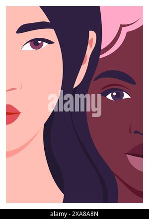 Porträt von zwei jungen Frauen. Gesichter afrikanischer und asiatischer Models. Ein paar LGBTQ. Illustration der Vektorabwicklung Stock Vektor