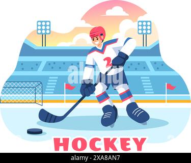 Eishockeyspieler Sport Vektor-Illustration mit Helm, Stick, Puck und Schlittschuhen auf einer Eisoberfläche für Spiel oder Meisterschaft in einem flachen Cartoon Stock Vektor