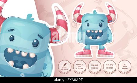 Blauer Monsteraufkleber. Tier Cartoon Charakter. Kindliche Illustration. Handgezeichneter Stil Stock Vektor
