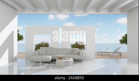 Die moderne Inneneinrichtung bietet einen ruhigen Meerblick und verbindet Luxus im Innenbereich mit 3D-Darstellung im Außenbereich Stockfoto