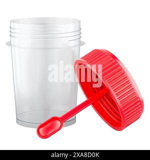 Stuhlprobenbehälter mit Löffel. 3D-Rendering isoliert auf weißem Hintergrund Stockfoto