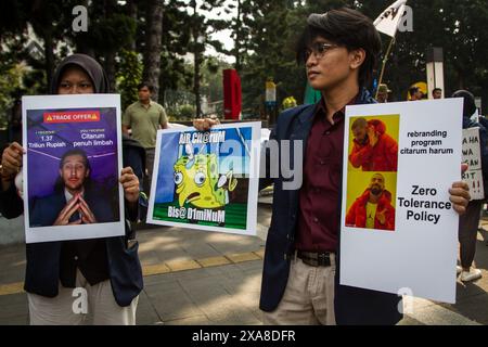 Bandung, West-Java, Indonesien. Juni 2024. Aktivisten des Indonesian Forum for the Environment (WALHI) halten Plakate und Banner während des Weltumwelttages in Bandung. Die Aktion bestand darin, sich für Umweltbewusstsein einzusetzen und die Regierung zu einer speziellen Politik in Umweltfragen zu verpflichten. (Kreditbild: © Algi Febri Sugita/ZUMA Press Wire) NUR REDAKTIONELLE VERWENDUNG! Nicht für kommerzielle ZWECKE! Quelle: ZUMA Press, Inc./Alamy Live News Stockfoto