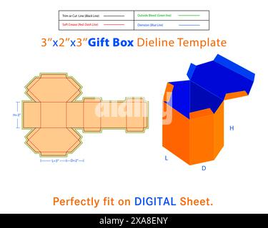 Geschenkbox L 3 x T 2 x H 3 Zoll Dieline Vorlage. Eine Kiste ist ein Behälter mit dreidimensionaler Struktur, der zum Aufbewahren, Schützen und Transportieren von Gegenständen verwendet wird. Stock Vektor