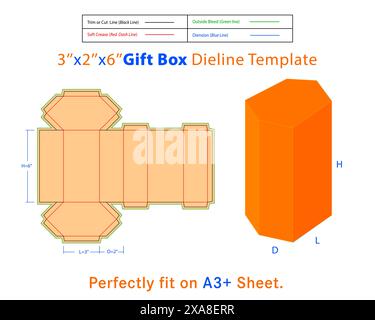 Geschenkbox L 3 x T 2 x H 6 Zoll Dieline Vorlage. Eine Kiste ist ein Behälter mit dreidimensionaler Struktur, der zum Aufbewahren, Schützen und Transportieren von Gegenständen verwendet wird. Stock Vektor