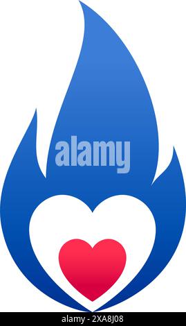 Feuerblaue Flamme, heißes rotes Herzsymbol, Vektorillustration. Stock Vektor