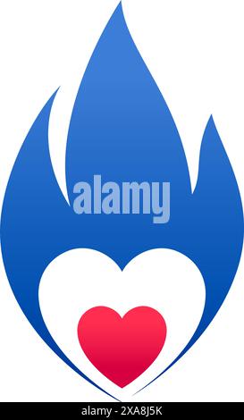Feuerblaue Flamme, heißes rotes Herzsymbol, Vektorillustration. Stock Vektor