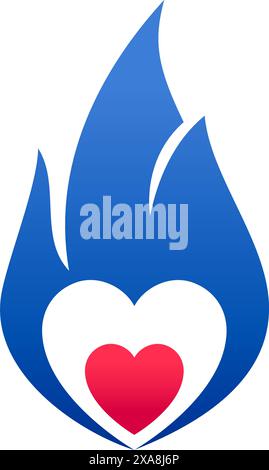 Feuerblaue Flamme, heißes rotes Herzsymbol, Vektorillustration. Stock Vektor