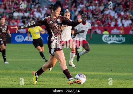 Toronto, Kanada. Juni 2024. Diana OrdÛ'ez #9 aus Mexiko in Aktion während eines internationalen Freundschaftsspiels auf dem BMO Field. Das Spiel endete mit 1:1. (Foto von Angel Marchini/SOPA Images/SIPA USA) Credit: SIPA USA/Alamy Live News Stockfoto