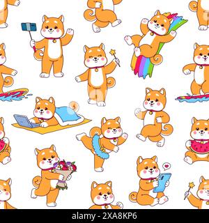 Zeichentrickfilm japanische Shiba Inu Hundefiguren nahtloses Muster. Tapete oder Stoff nahtloser Hintergrund, Geschenkpapier Druck oder Vektormuster mit Kawaii Shiba Inu Tanz, Essen und Surfen Persönlichkeiten Stock Vektor