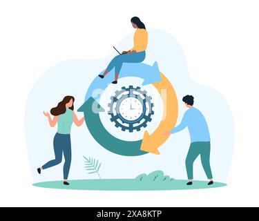 Zeitmessung der digitalen Datenaktualisierung und -Neuladung, schnelle Aktualisierung der Software. Winzige Leute arbeiten mit Drehpfeilen und Timer innen, Countdown, um Informationen Cartoon Vektor Illustration zu synchronisieren Stock Vektor