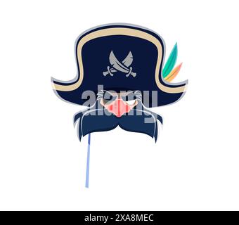 Piraten-Karneval und Fotokabine-Maske. Isolierter Cartoon Vektor Korsaar in Hahn Hut mit gekreuzten Schwertern, lebendigen Federn und kühlem Schnurrbart. Zubehör für Unterhaltung, Spaß und Abenteuer für Kinder Stock Vektor