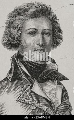 Louis Philippe I. von Frankreich (Louis-Philippe von Orleans) (1773–1850), Herzog von Chartres. König der Franzosen (1830–1848) Porträt des Herzogs von Chartres. Zeichnung von Cerlier. Gravur. Details. "Geschichte der Französischen Revolution". Band I, 1876. Stockfoto