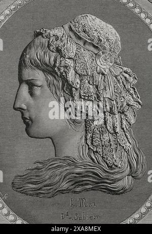 Charlotte Corday (Marie-Anne Charlotte de Corday d'Armont) (1768-1793). Französischer Revolutionär, Sympathisant der Girondins, die Jean-Paul Marat (1743–1793) am 13. Juli 1793 ermordet haben. Hochformat. Zeichnung von Liénard. Gravur. "Geschichte der Französischen Revolution". Band I, 1876. Stockfoto