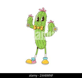 Cartoon groovige Wüste Sukkulent Cactus Retro Charakter mit Happy Face, Vektor Comic. Groovige lustige Kakteen mit fröhlichem Lächeln und Blumen, Hippie-Art-Cartoon aus den 70er Jahren und Gentleman-Fliege Stock Vektor