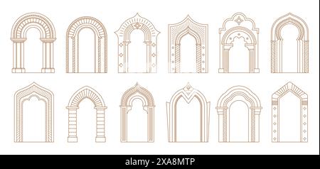 Bogentürrahmen und Eingangstüren oder Eingangstüren in Architekturzeichnung, Vektorsymbole. Bogentüren in Zeichentrickserie, klassischer oder moderner Architektur mit Bögen von Tempeln, Palästen oder Moscheen Stock Vektor