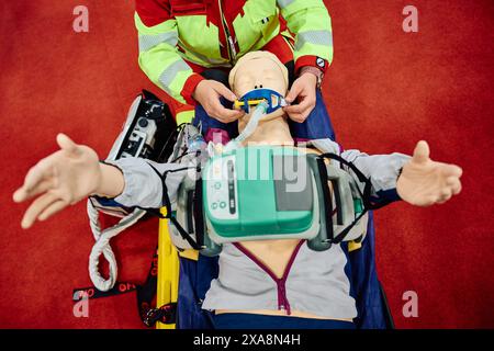 Dortmund, Deutschland. Juni 2024. Jaqueline Baltrusch, Rettungssanitäterin, sieht auf der Fachmesse „112Rescue“ eine Schaufensterpuppe mit einer Wiederbelebungshilfe für Herzmassagen. Die viertägige Fachmesse richtet sich an Einzelpersonen, Vereine, Verbände und Organisationen aus den Bereichen Brandschutz, Rettung, Katastrophenschutz und Katastrophenschutz. Quelle: Bernd Thissen/dpa/Alamy Live News Stockfoto