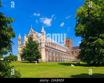 St. Albans Cathedral, 1877 wurde die zuvor eine lokale Pfarrkirche zur Kathedrale und Sitz des Bischofs von St. Albans. Stockfoto