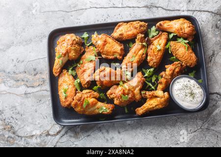 Hausgemachte, gebackene Hähnchenflügel, paniert mit Curry in Nahaufnahme auf einem Teller auf dem Tisch. Horizontale Draufsicht von oben Stockfoto