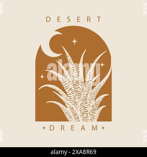 Minimalistisches Logo-Design mit Kakteen-Illustration. Moderne ästhetische Kunst, Wüstentraumabzeichen. Künstlerisches 2D-Design im Boho-Stil für Branding Stock Vektor