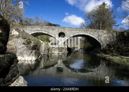 Die Cenarth Bridge ist eine einspurige Brücke über den Teifi, die 1785 von David Edwards gebaut wurde. Stockfoto