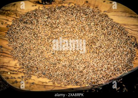 Gemeiner Flachs (Linum usitatissimum), Leinsamen auf einer Holzplatte Stockfoto