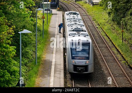 Dieseltriebwagen an der Haltestelle Solingen-Schaberg nahe der Münsterbrücke, Deutschland, Nordrhein-Westfalen, Bergisches Land, Solingen Stockfoto