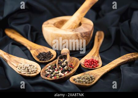 Weiße, rote, schwarze und grüne Pfeffer-und Pfeffermischung auf Holzlöffeln, Mörtel im Hintergrund Stockfoto