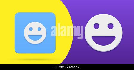 Einfaches lachendes Smiley Emoji lustiges Gesicht Knopf Logo 3D Vektor Illustration Set. Unbeschwerte Gesichtsfigur mit offenem Mund lächelnd. Abgerundeter Kreisanschluss Stock Vektor