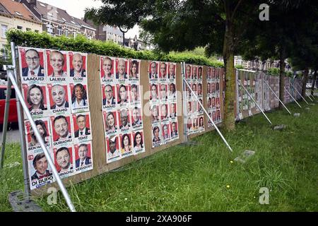 Brüssel, Belgien Juni 2024. Bild von Wahlplakaten mit Bild von Politikern, in den Straßen von Laeken-Laken, Brüssel, Mittwoch, 05. Juni 2024. In Belgien finden am 9. Juni zusammenfallende Wahlen für die regionalen, föderalen und europäischen Gesetzgebungsorgane statt. BELGA PHOTO ERIC LALMAND Credit: Belga News Agency/Alamy Live News Stockfoto