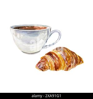 Croissant, eine Tasse Kaffee. Handgezeichnete Aquarellillustration isoliert auf weißem Hintergrund. Für Geburtstagskarten, Einladungen, Cafémenüs, Banner, poste Stockfoto