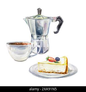 Käsekuchen auf Untertasse, Tasse Kaffee, Kaffeemaschine. Handgezeichnete Aquarellillustration isoliert auf weißem Hintergrund. Für Geburtstagskarten, Einladungen, Stockfoto
