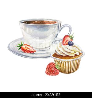 Muffin, Tasse Kaffee, Beeren. Handgezeichnete Aquarellillustration isoliert auf weißem Hintergrund. Für Geburtstagskarten, Einladungen, Café-Menüs, Banner, Stockfoto