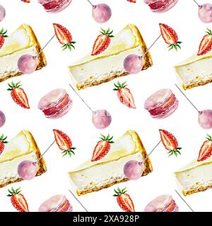 Nahtloses Muster für Kuchen. Käsekuchen, Makronen, Erdbeeren, Cake Pops. Handgezeichnete Aquarellillustration isoliert auf weißem Hintergrund. Karten, Verpackung Stockfoto