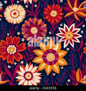 Florale nahtlose Zufallsmuster von Fantasy Blumen im böhmischen Stil in Magenta, Gelb, weiß, Rot Farben auf Dunkelblau, ideal für Textilien, Oberflächen, Tapeten, Geschenkpapiere, Stoffe, Drucke. Stock Vektor